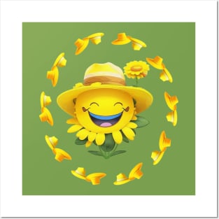 Smiley face in a yellow hat with a flower. Posters and Art